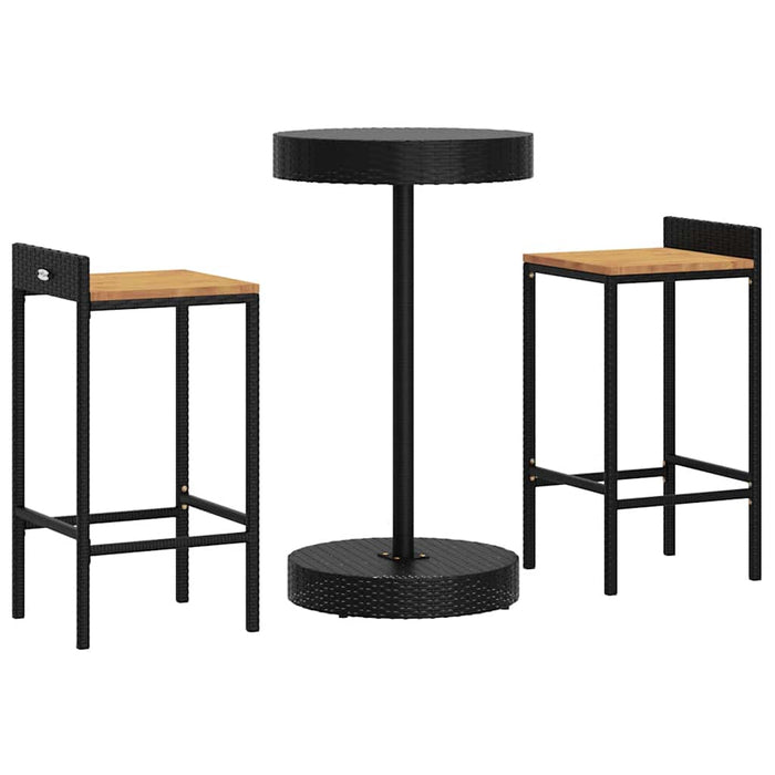Set bar pentru grădină, 3 piese, negru, poliratan/lemn acacia WALTI