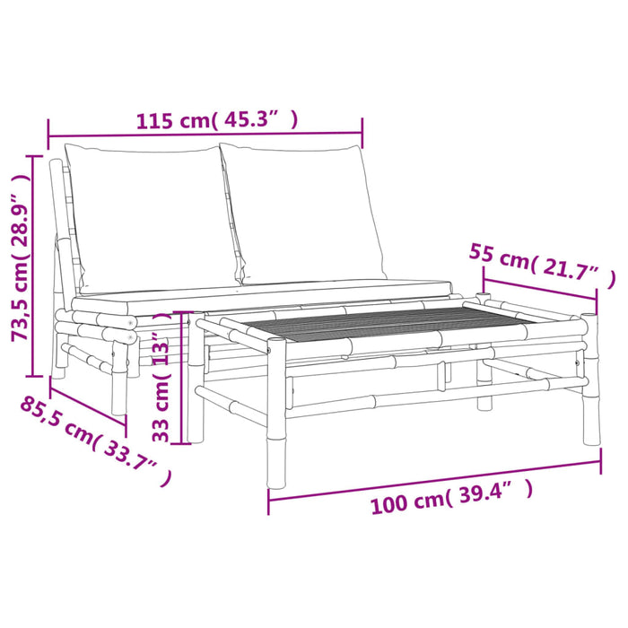 Set mobilier de grădină cu perne alb crem, 2 piese, bambus - WALTI WALTI