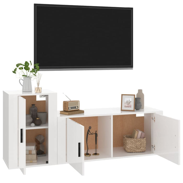 Set dulap TV, 2 piese, alb extralucios, lemn prelucrat WALTI