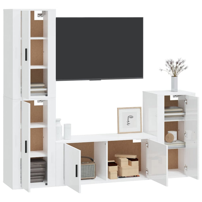 Set dulap TV, 4 piese, alb extralucios, lemn prelucrat WALTI