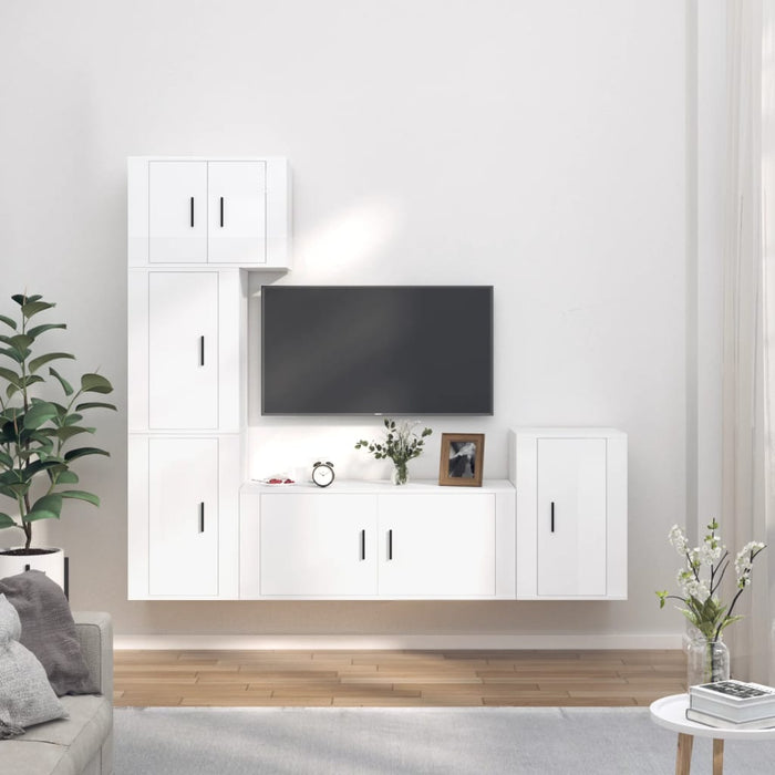 Set dulap TV, 5 piese, alb extralucios, lemn prelucrat WALTI