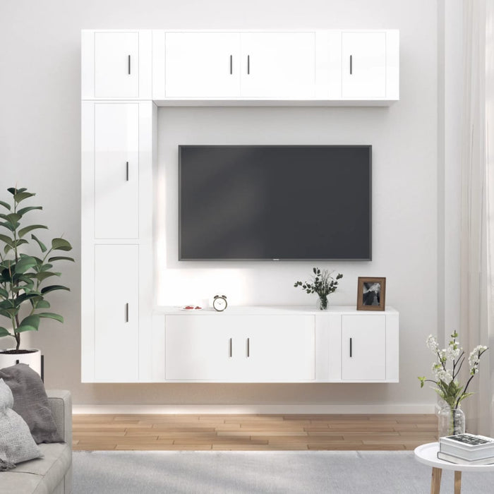 Set dulapuri TV, 7 piese, alb extralucios, lemn prelucrat WALTI
