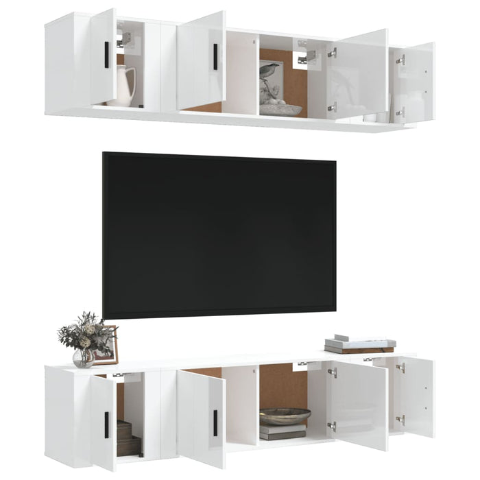 Set dulap TV, 6 piese, alb extralucios, lemn prelucrat WALTI