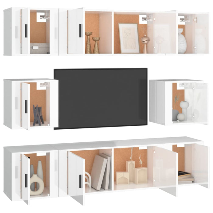 Set dulapuri TV, 7 piese, alb extralucios, lemn prelucrat WALTI