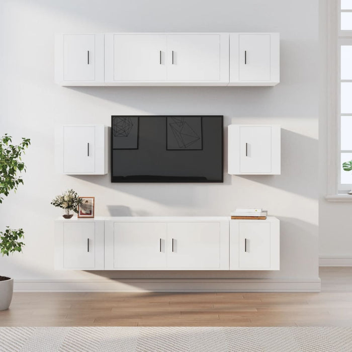 Set dulap TV, 8 piese, alb extralucios, lemn prelucrat WALTI