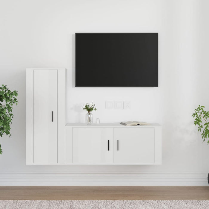 Set dulap TV, 2 piese, alb extralucios, lemn prelucrat WALTI