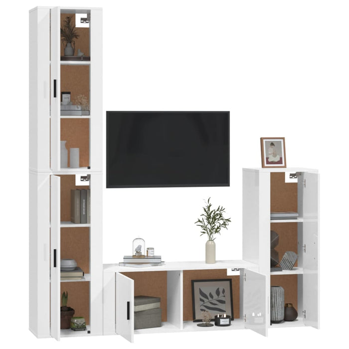 Set dulap TV, 4 piese, alb extralucios, lemn prelucrat WALTI