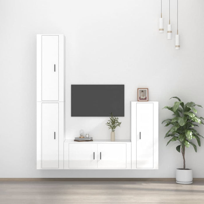 Set dulap TV, 4 piese, alb extralucios, lemn prelucrat WALTI