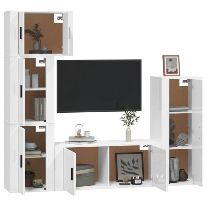 Set dulap TV, 5 piese, alb extralucios, lemn prelucrat WALTI