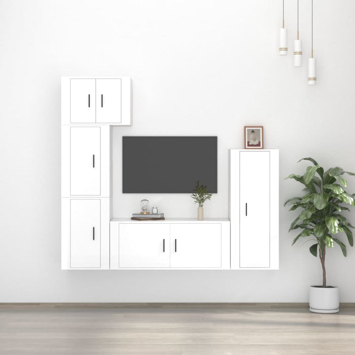 Set dulap TV, 5 piese, alb extralucios, lemn prelucrat WALTI