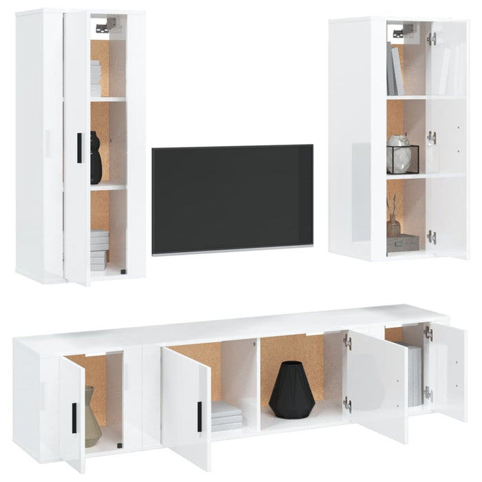 Set dulap TV, 5 piese, alb extralucios, lemn prelucrat WALTI