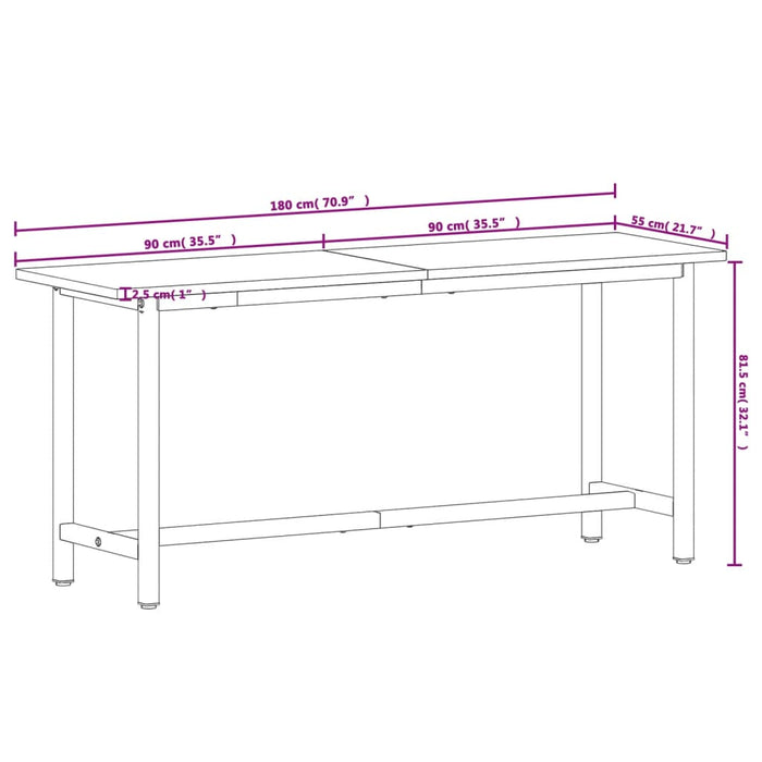 Banc de lucru 180x55x81,5 cm, lemn masiv de fag și metal WALTI