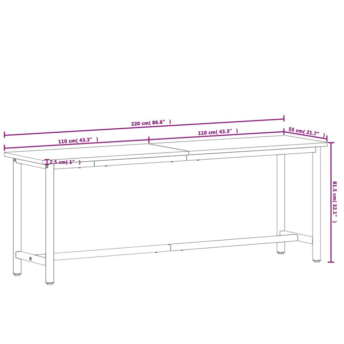 Banc de lucru 220x55x81,5 cm, lemn masiv de fag și metal WALTI