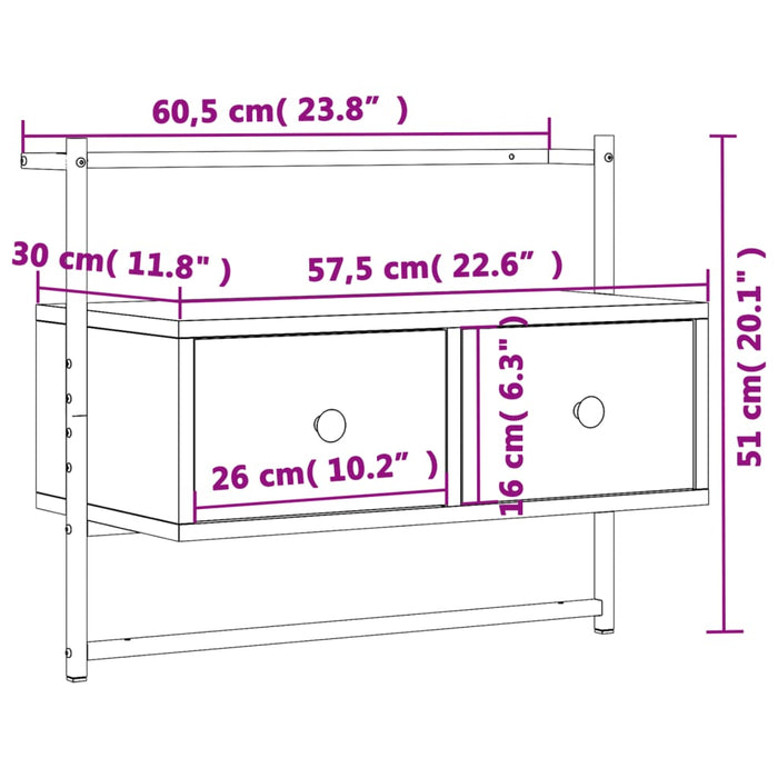 Dulap TV montat pe perete, stejar fumuriu, 60,5x30x51 cm, lemn WALTI