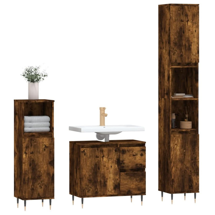 Set mobilier de baie, 3 piese, stejar fumuriu, lemn prelucrat - WALTI WALTI