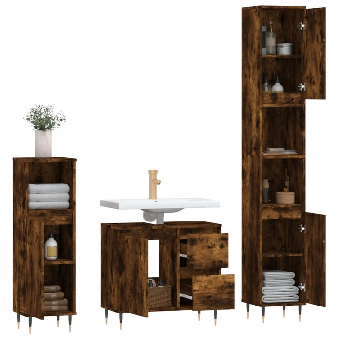 Set mobilier de baie, 3 piese, stejar fumuriu, lemn prelucrat - WALTI WALTI