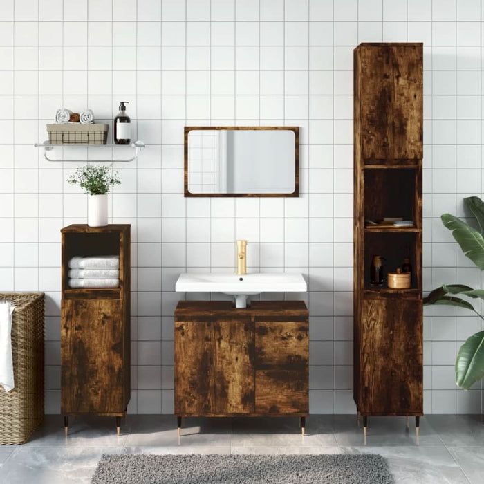 Set mobilier de baie, 3 piese, stejar fumuriu, lemn prelucrat - WALTI WALTI