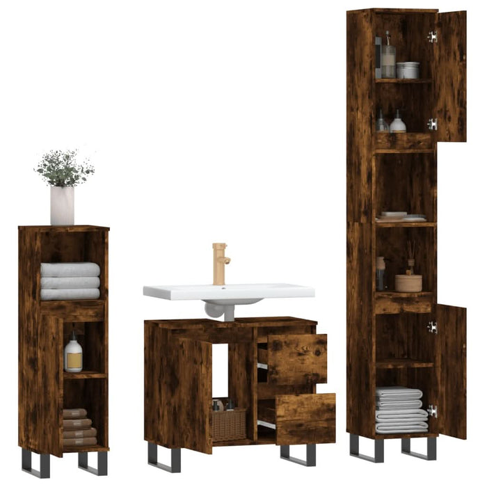 Set mobilier de baie, 3 piese, stejar fumuriu, lemn prelucrat - WALTI WALTI