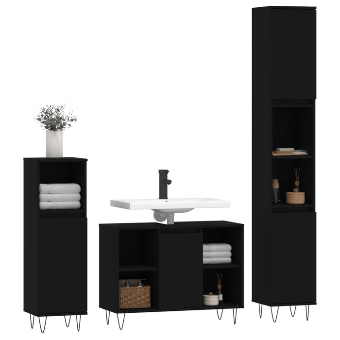 Set mobilier de baie, 3 piese, negru, lemn compozit WALTI