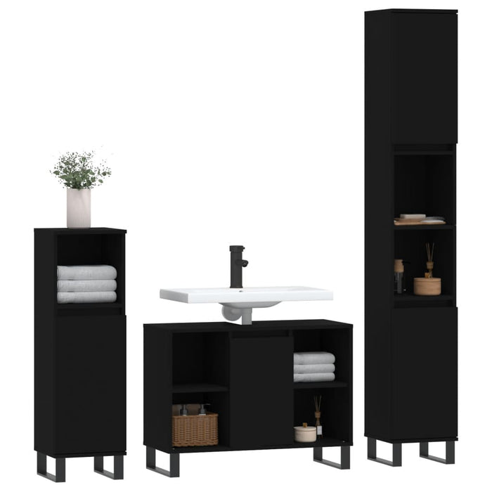 Set mobilier de baie, 3 piese, negru, lemn compozit WALTI