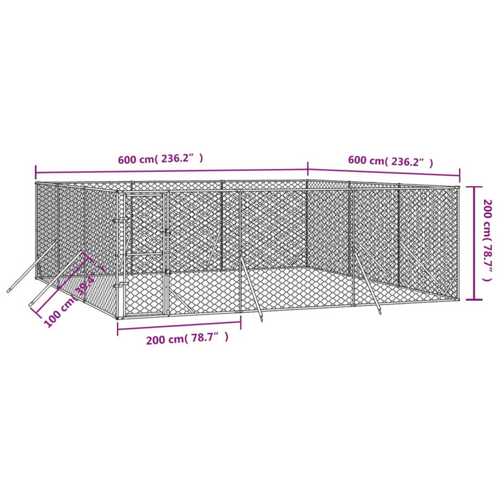 Padoc de exterior pentru câini argintiu 6x6x2 m oțel galvanizat - WALTI WALTI