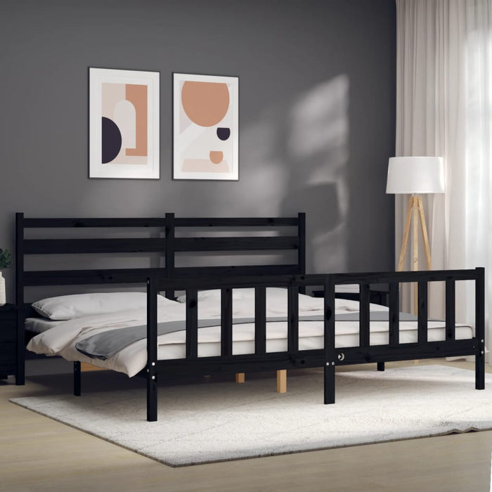 Cadru pat cu tăblie 200x200 cm, negru, lemn masiv WALTI
