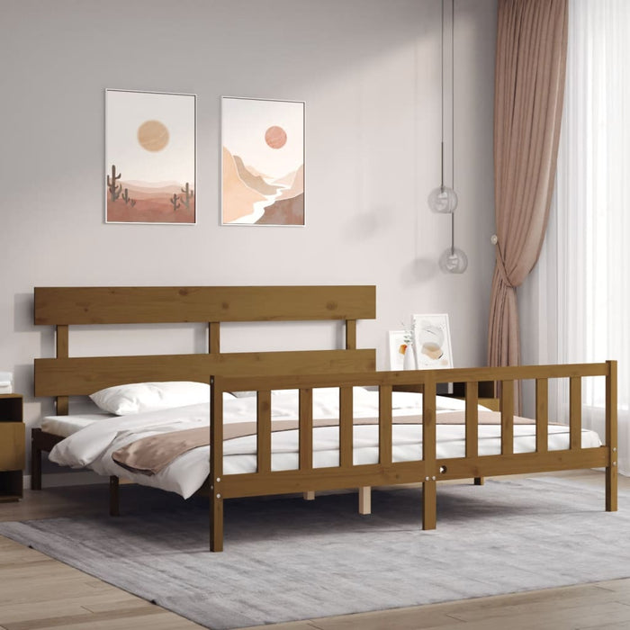 Cadru pat cu tăblie Super King Size, maro miere, lemn masiv WALTI