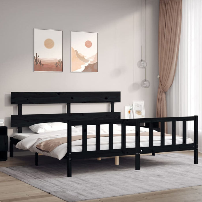 Cadru pat cu tăblie 200x200 cm, negru, lemn masiv WALTI
