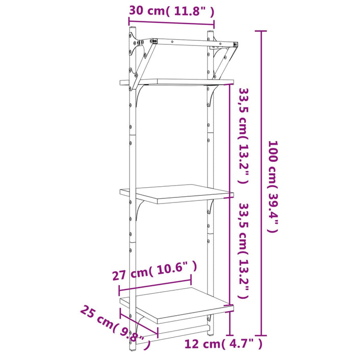 Rafturi perete cu 3 niveluri/bare 2 buc stejar maro 30x25x100cm - WALTI WALTI