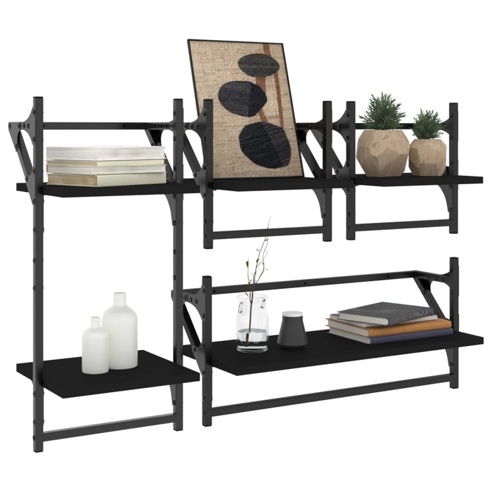 Set rafturi perete cu bare, 4 buc. negru lemn prelucrat WALTI