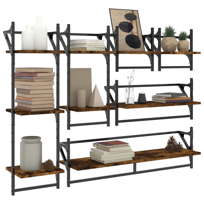 Set rafturi de perete cu bare, 6 buc., stejar fumuriu, lemn WALTI