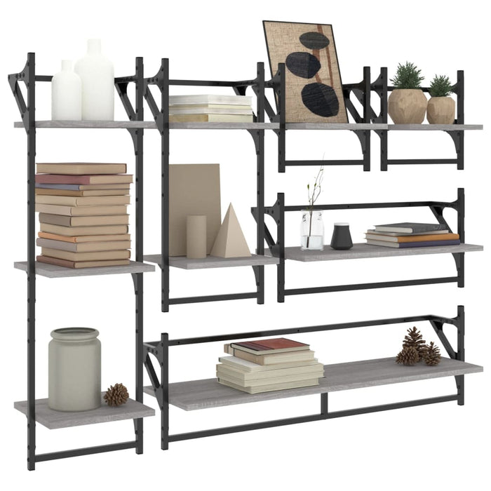 Set rafturi perete cu bare, 6 buc., gri sonoma, lemn prelucrat - WALTI WALTI