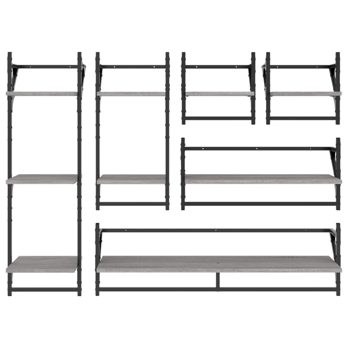 Set rafturi perete cu bare, 6 buc., gri sonoma, lemn prelucrat - WALTI WALTI