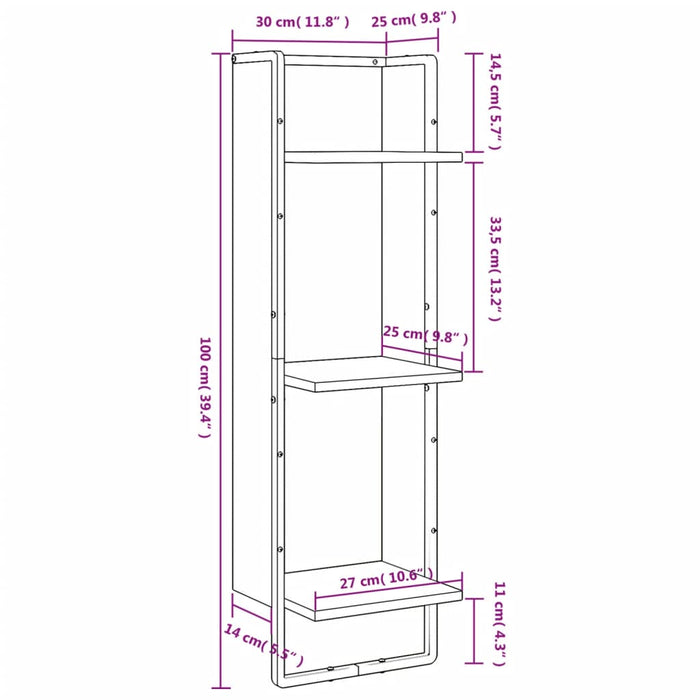 Raft cu 3 niveluri, gri sonoma, 30x25x100 cm, lemn prelucrat - WALTI WALTI