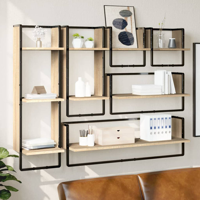 Set rafturi perete cu bare, 6 buc. stejar sonoma lemn prelucrat - WALTI WALTI