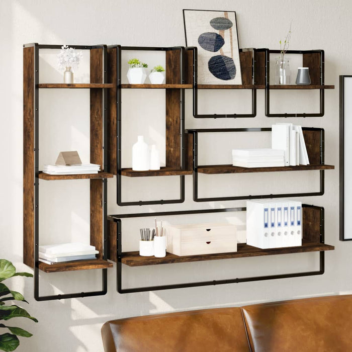 Set rafturi de perete cu bare, 6 buc., stejar fumuriu, lemn WALTI