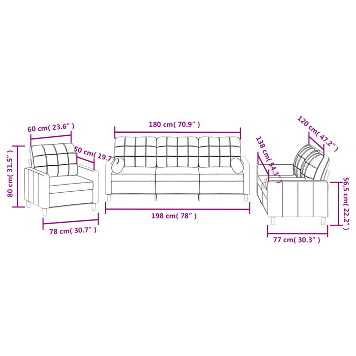 Set de canapele cu perne, 3 piese, negru, textil - WALTI WALTI