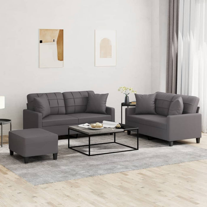 Set de canapele cu perne, 3 piese, gri, piele ecologică - WALTI WALTI
