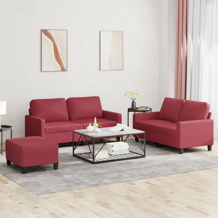 Set de canapele cu perne, 3 piese, roșu vin, piele ecologică WALTI
