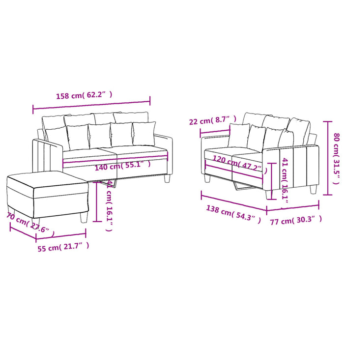 Set de canapele cu perne, 3 piese, gri deschis, textil - WALTI WALTI