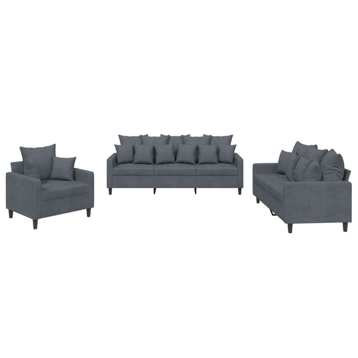 Set de canapele cu perne, 3 piese, gri închis, catifea - WALTI WALTI