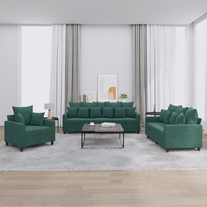 Set de canapele cu perne, 3 piese, verde închis, catifea - WALTI WALTI