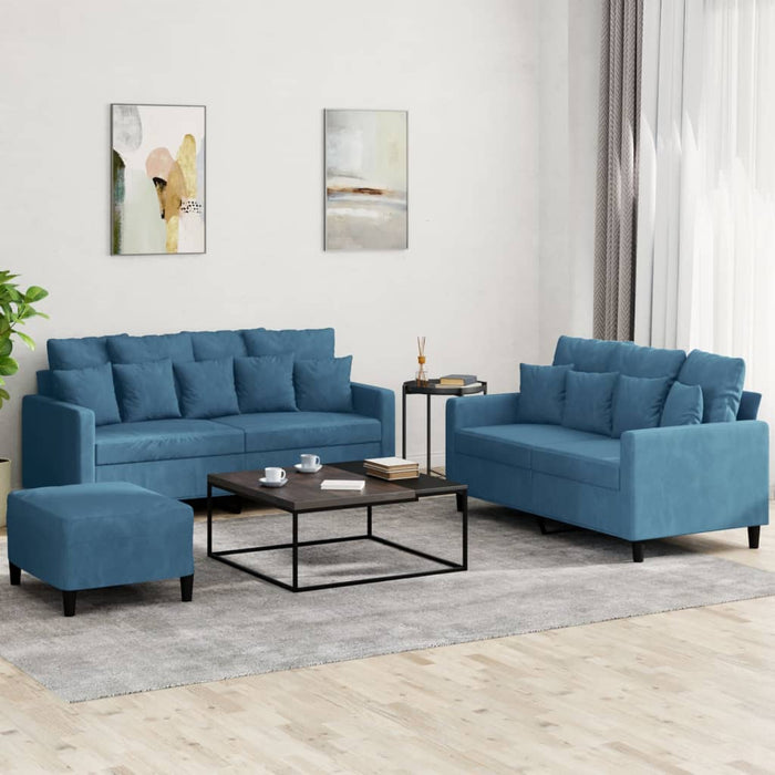 Set de canapele cu perne, 3 piese, albastru, catifea WALTI