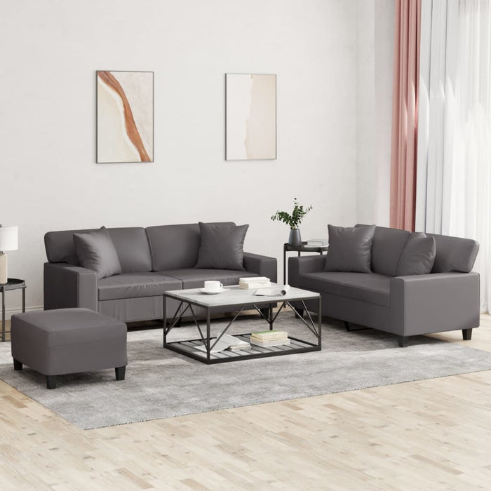 Set de canapele cu perne, 3 piese, gri, piele ecologică - WALTI WALTI