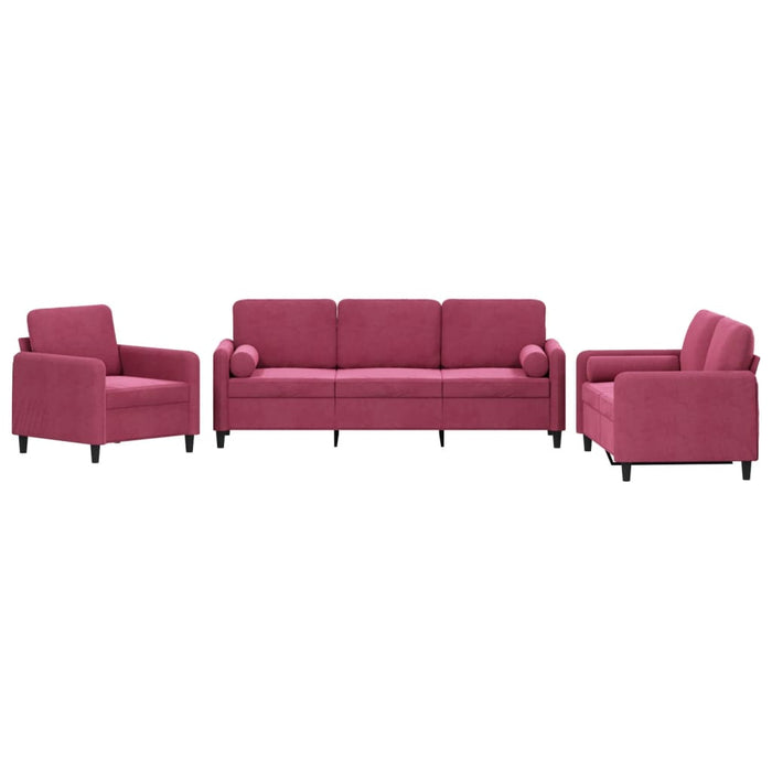 Set canapele cu perne, 3 piese, roșu vin, catifea WALTI