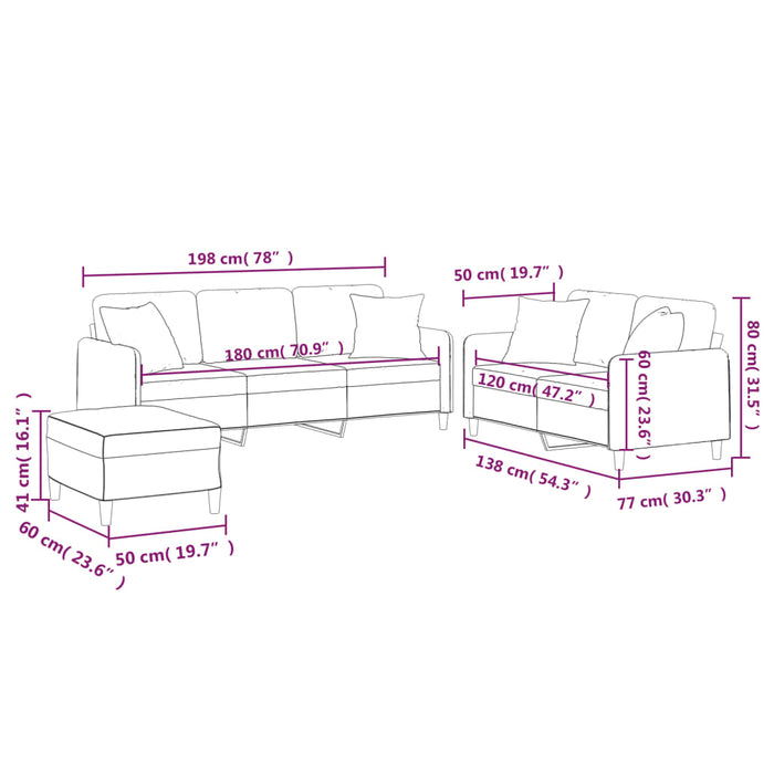 Set canapea cu perne, 3 piese, roșu vin, material textil WALTI