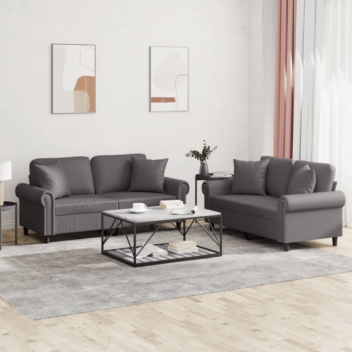 Set de canapele cu perne, 2 piese, gri, piele ecologică - WALTI WALTI