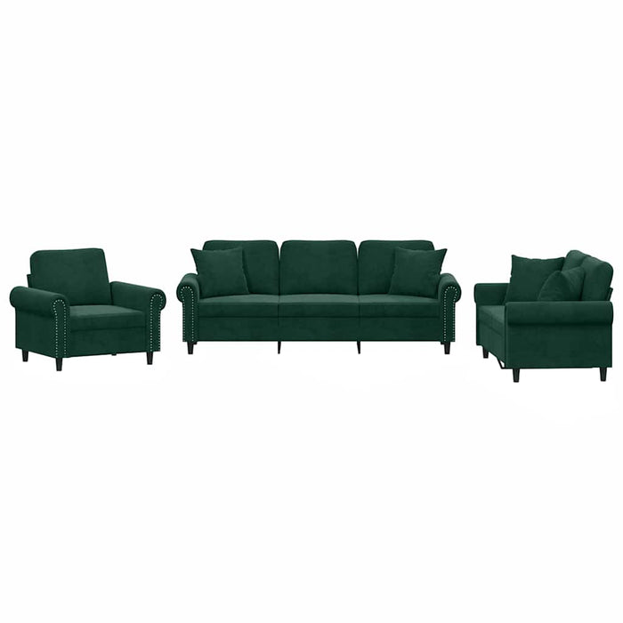 Set canapea cu perne, 3 piese, verde închis, catifea - WALTI WALTI