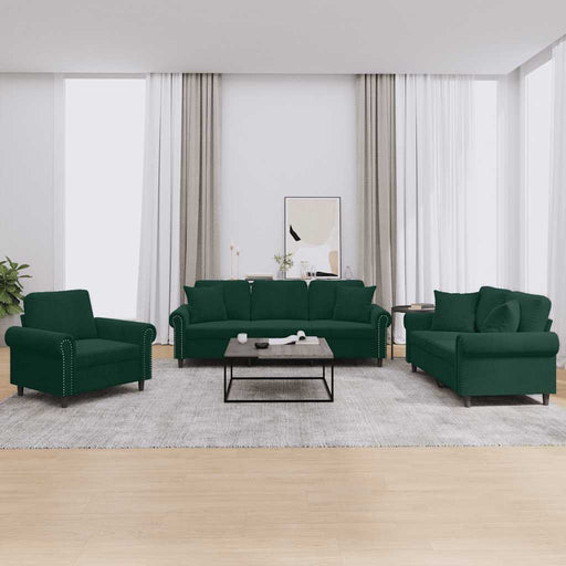 Set canapea cu perne, 3 piese, verde închis, catifea - WALTI WALTI