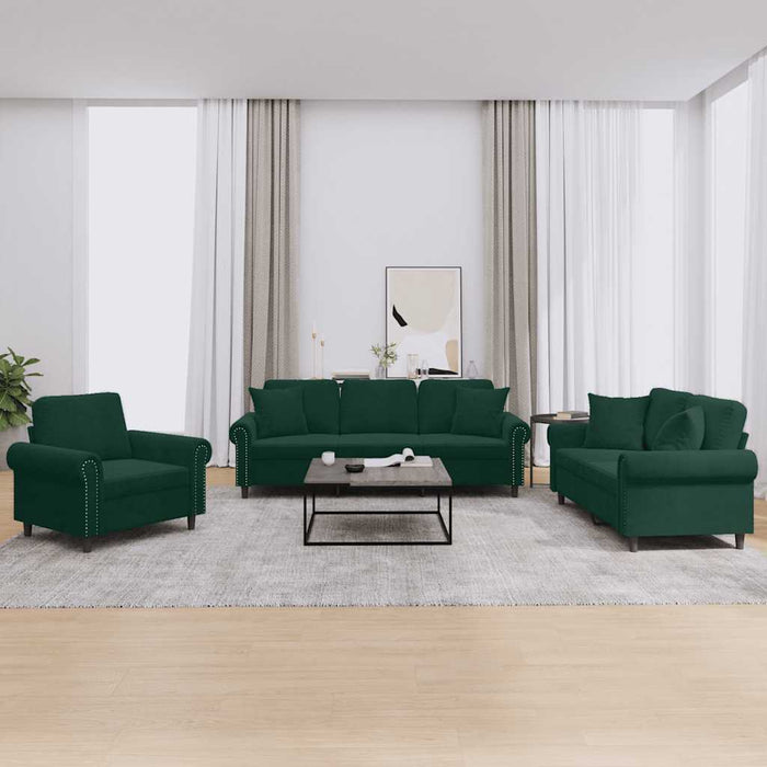 Set canapea cu perne, 3 piese, verde închis, catifea - WALTI WALTI